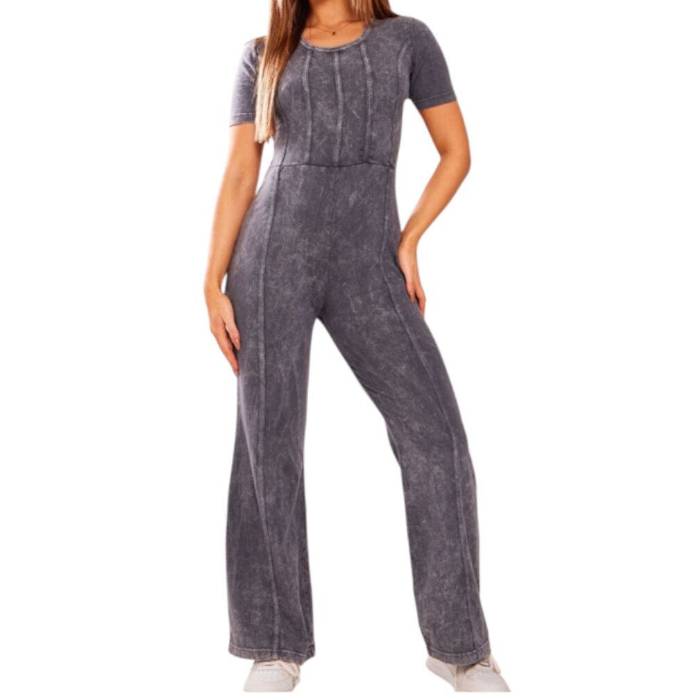 NWT Prettylittlething Petite gray acid wash seam detail jumpsuit 6
